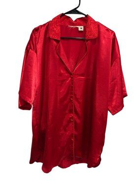 Vintage Red Satin Short Sleeve Button Up Nightshirt Size M Sleepwear Loungewear